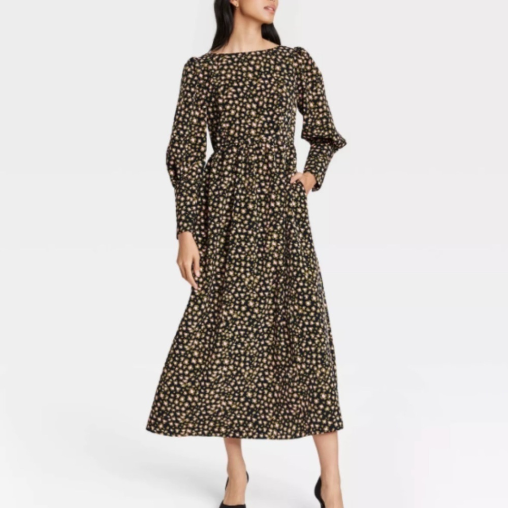 Who What Wear Olive Green & Pink Leopard Print Maxi Dress | Puff Sleeve | Size M